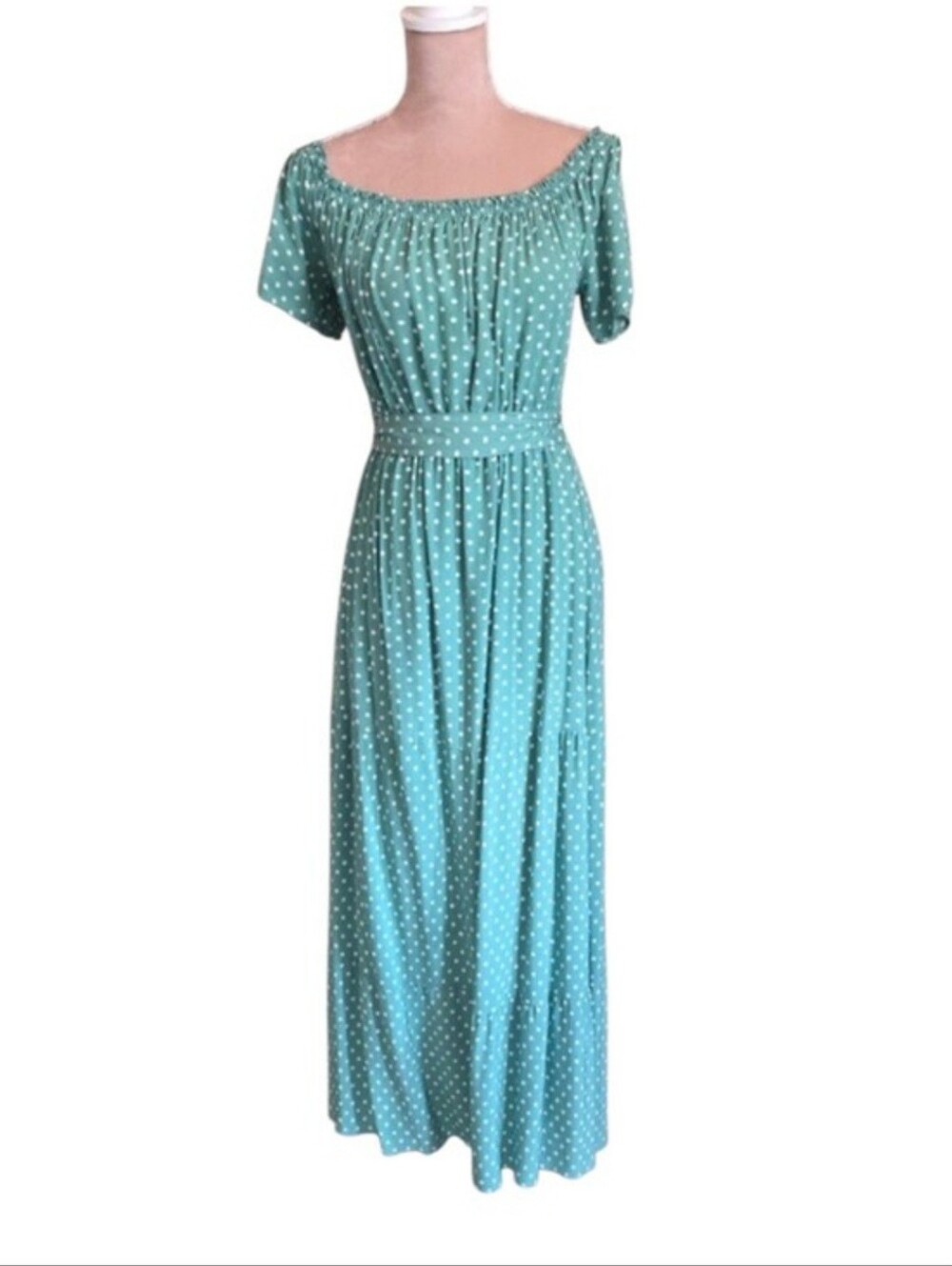 Clearence - Green Polka Dot Off-Shoulder Dress - Picture 11 of 12